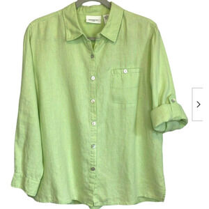 Parisian Works Women Lime Green 100% Linen Roll Tab L/S Button Up Shirt Small